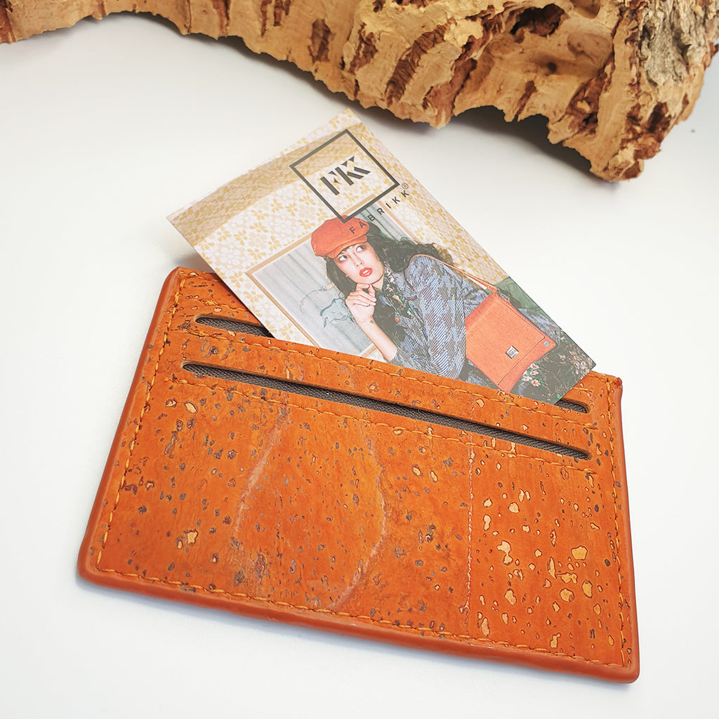 orange card holder eco cork vegan wallet