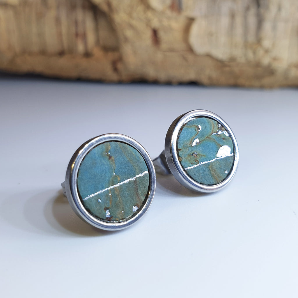 Fabrikk Cork Stud Earrings | Large | Aqua Silver | Vegan Leather