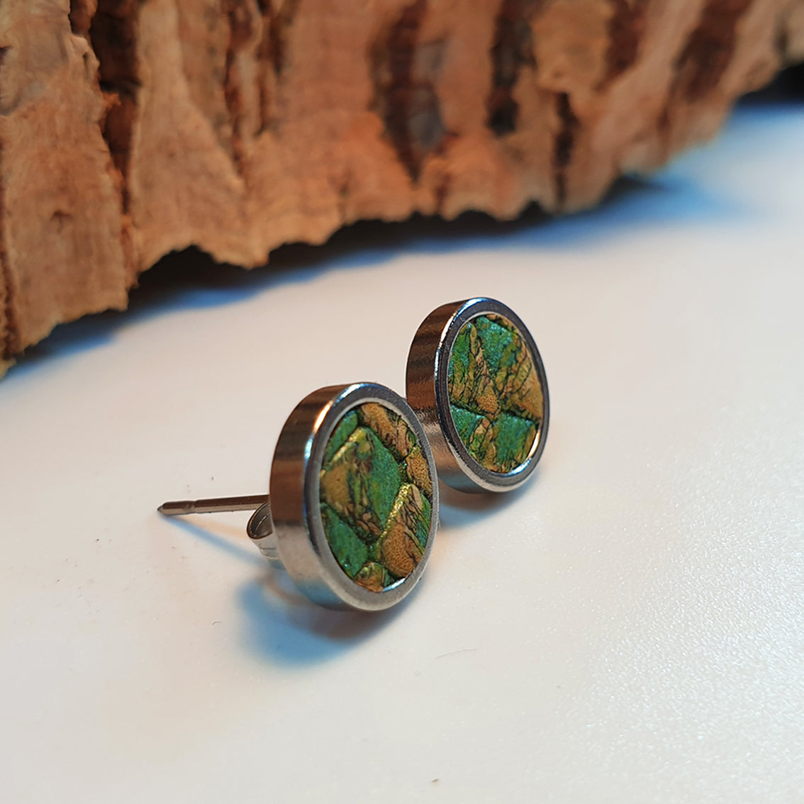 Fabrikk Cork Stud Earrings | Medium | Green Python Skin | Vegan Leather