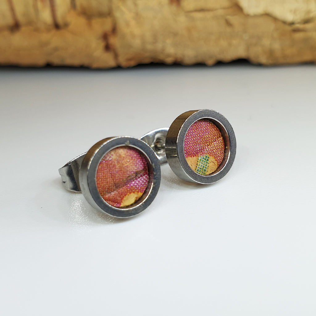 Fabrikk Cork Stud Earrings | Dwarf Size | Cosmic Splash - Pink 'n' Purple | Vegan Leather