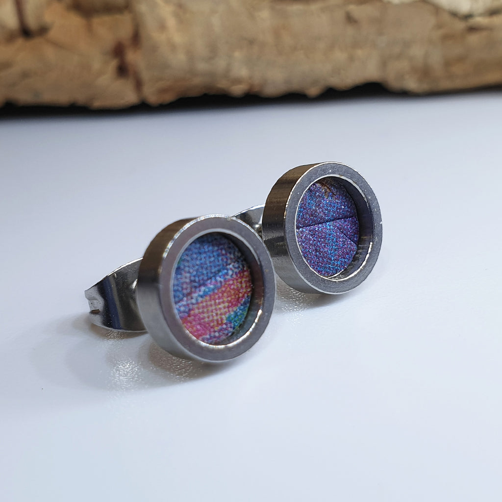 Fabrikk Cork Stud Earrings | Dwarf Size | Cosmic Splash - Purple 'n' Blue | Vegan Leather