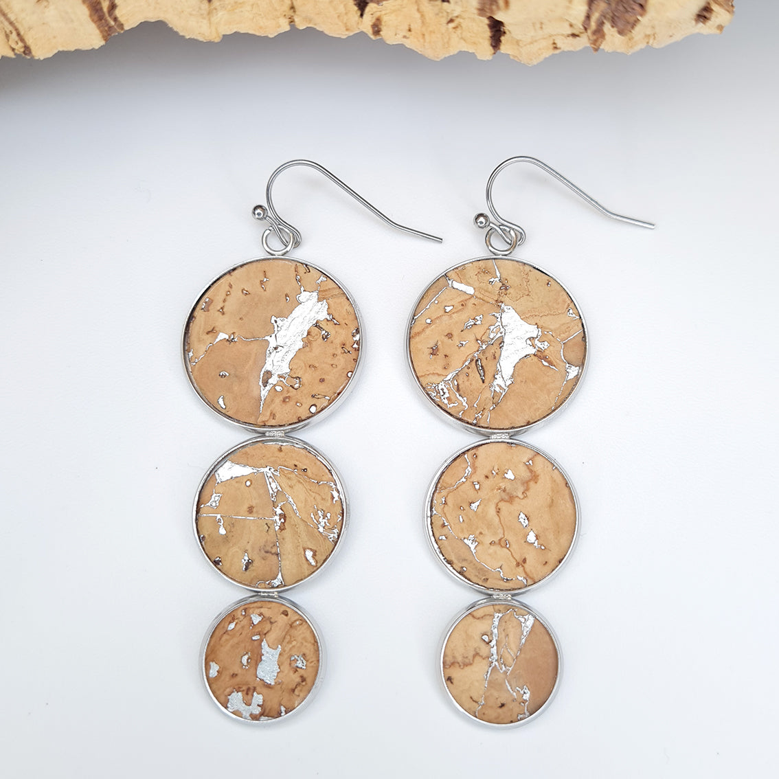 Fabrikk Triple Drop Earrings | Natural Silver Fleck | Eco Cork