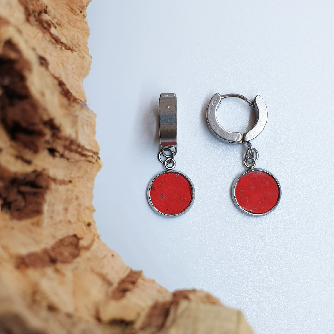 Eco cork dangly earrings red