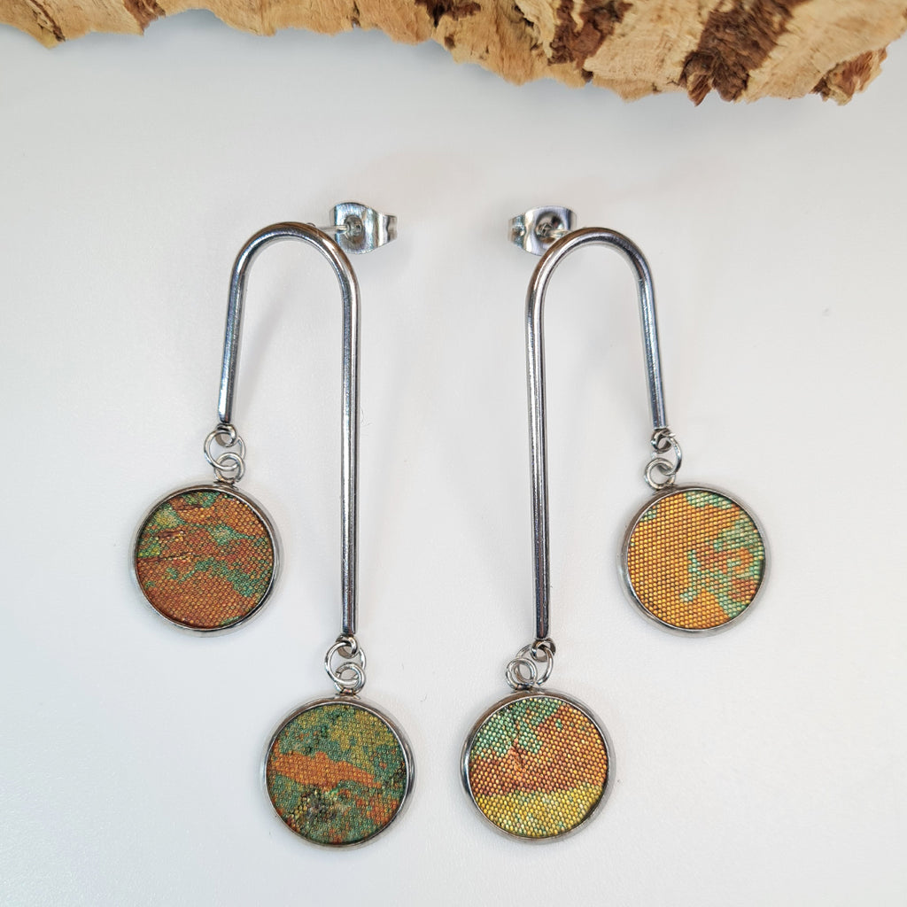 Fabrikk Double Drop Earrings | Green Oilslick | Eco Cork