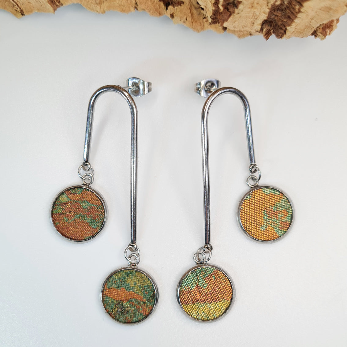 Fabrikk Double Drop Earrings | Green Oilslick | Eco Cork