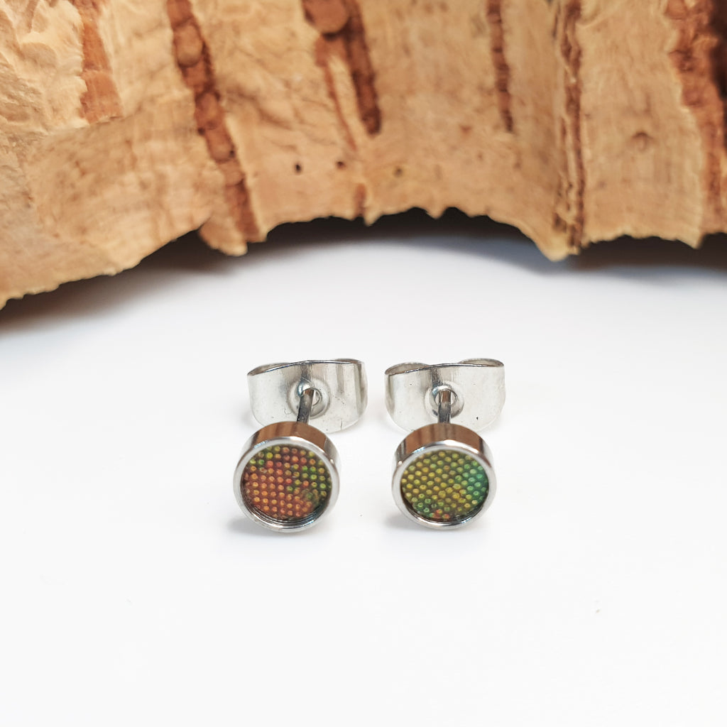 Fabrikk Cork Stud Earrings | Atom Size | Green Oilslick