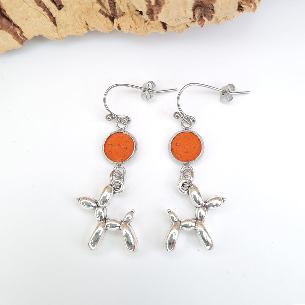 Fabrikk Steel Balloon Dog Pendant Earrings | Eco Cork | Orange