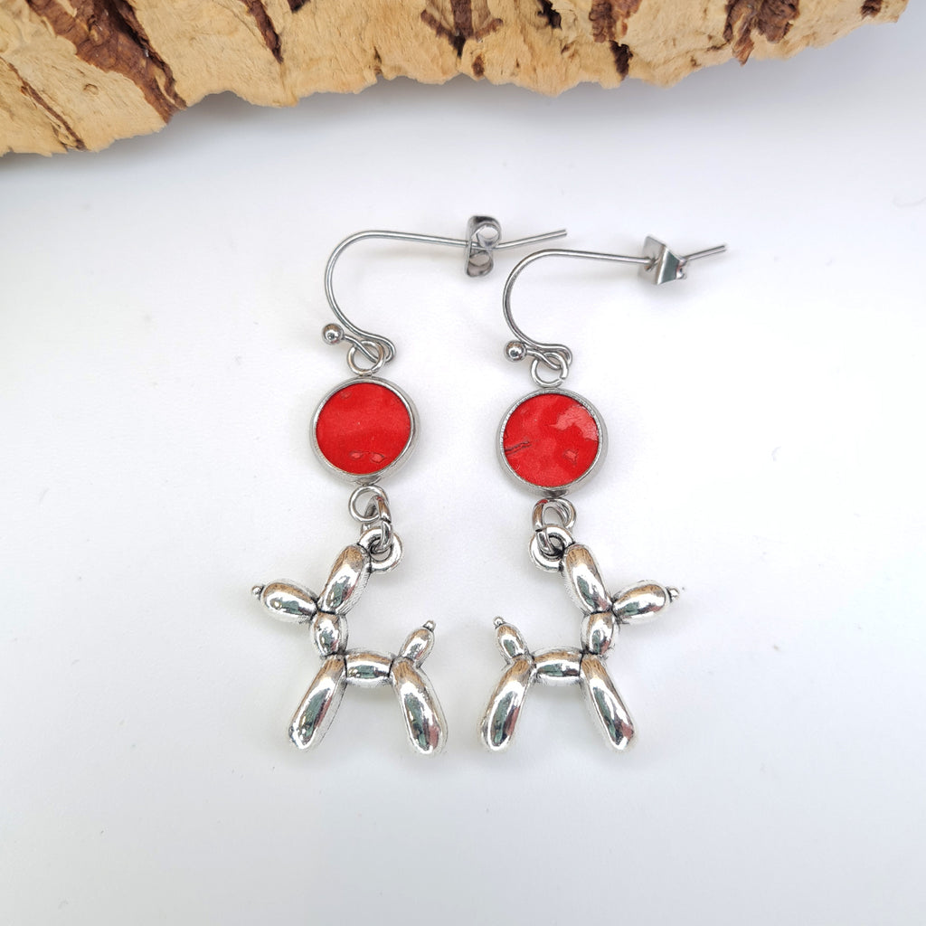 Fabrikk Steel Balloon Dog Pendant Earrings | Eco Cork | Red