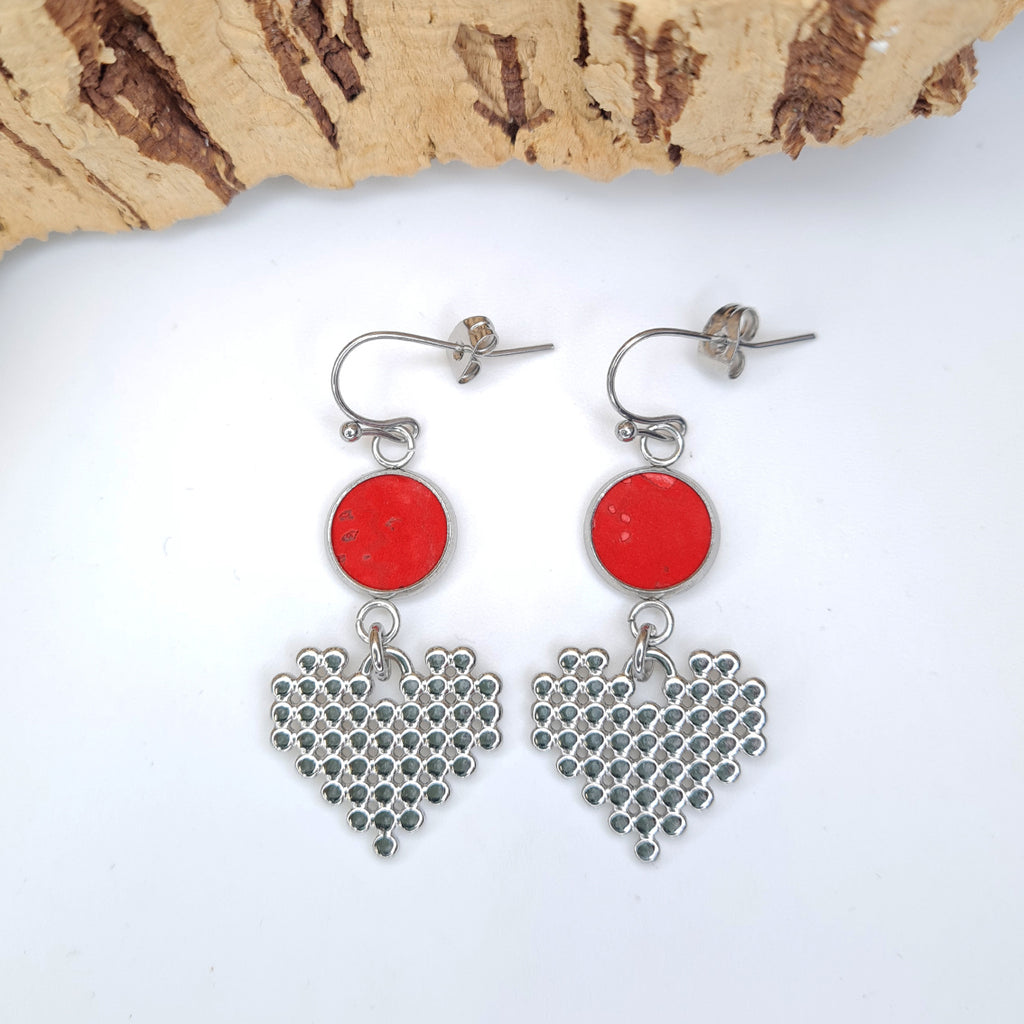 Fabrikk Digital Heart Pendant Earrings | Eco Cork | Red