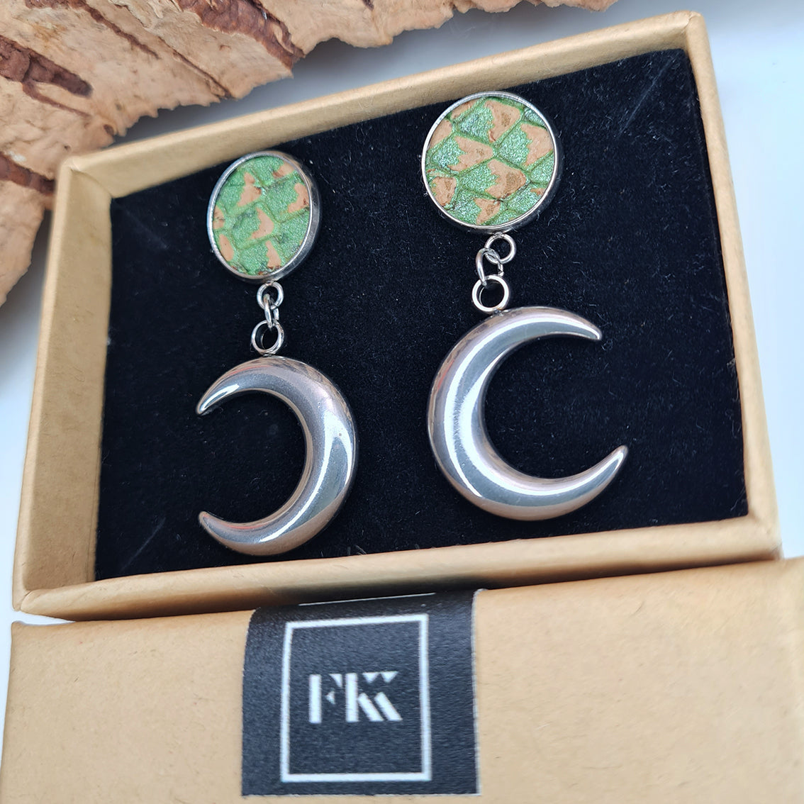 Fabrikk Many Moons Earrings | Green Mock Croc | Eco Cork