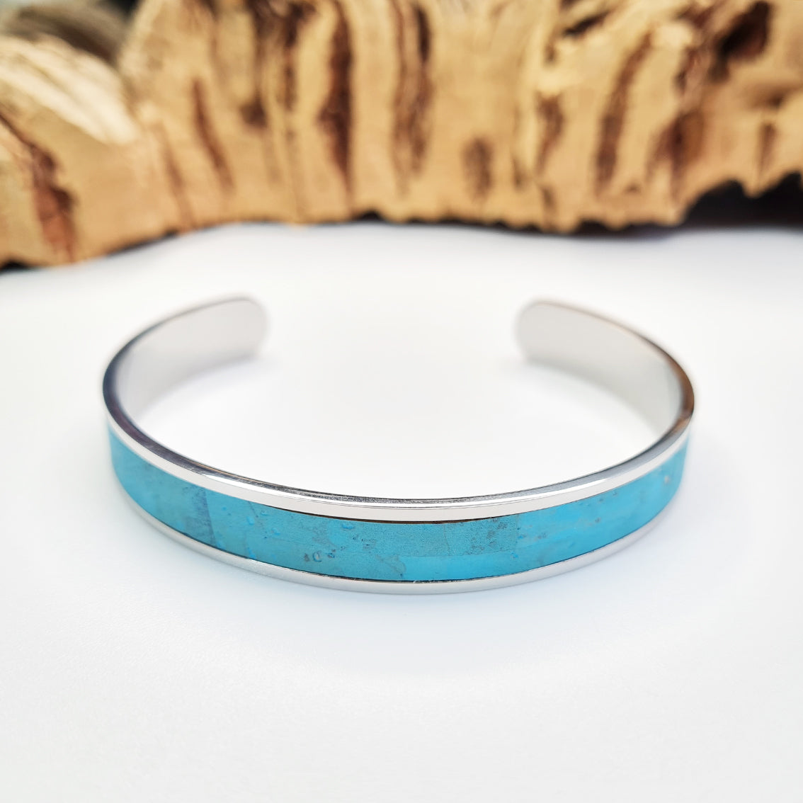 eco cork stainless steel blue bracelet