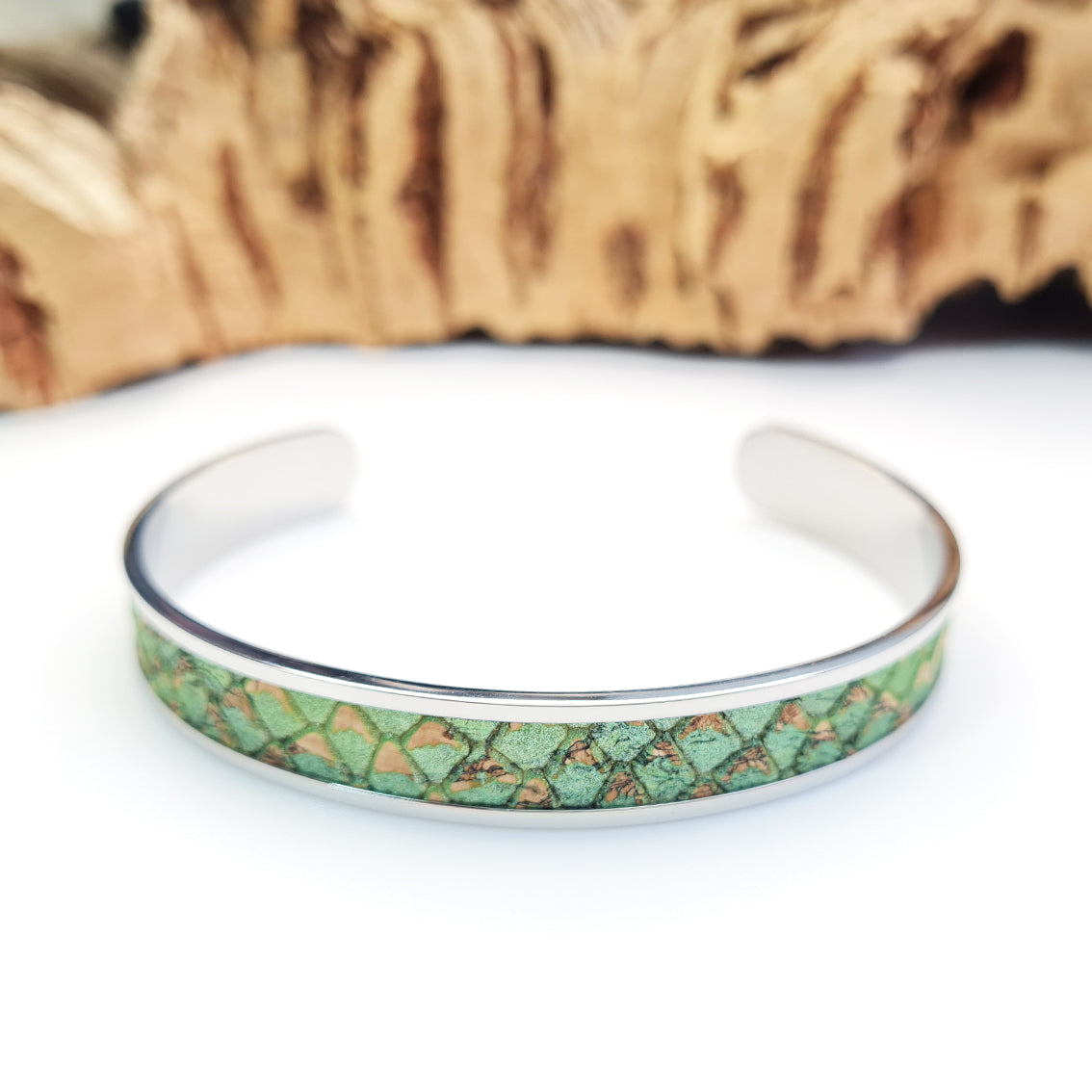 green eco cork vegan steel bangle