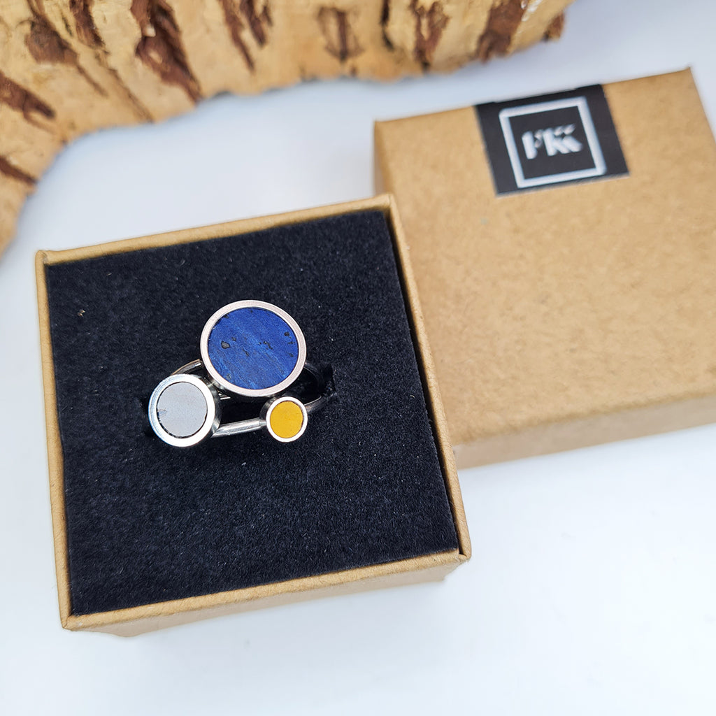 Fabrikk 1 Planet Stacking Ring Set | Small-Medium-Large | Mellow Mustard, Grey Area & Electric Blue | Vegan Leather