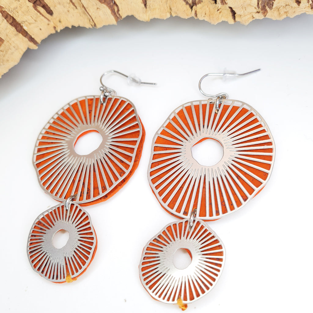 Fabrikk Split Atoms | Laser Cut Earrings | Orange | Vegan Leather