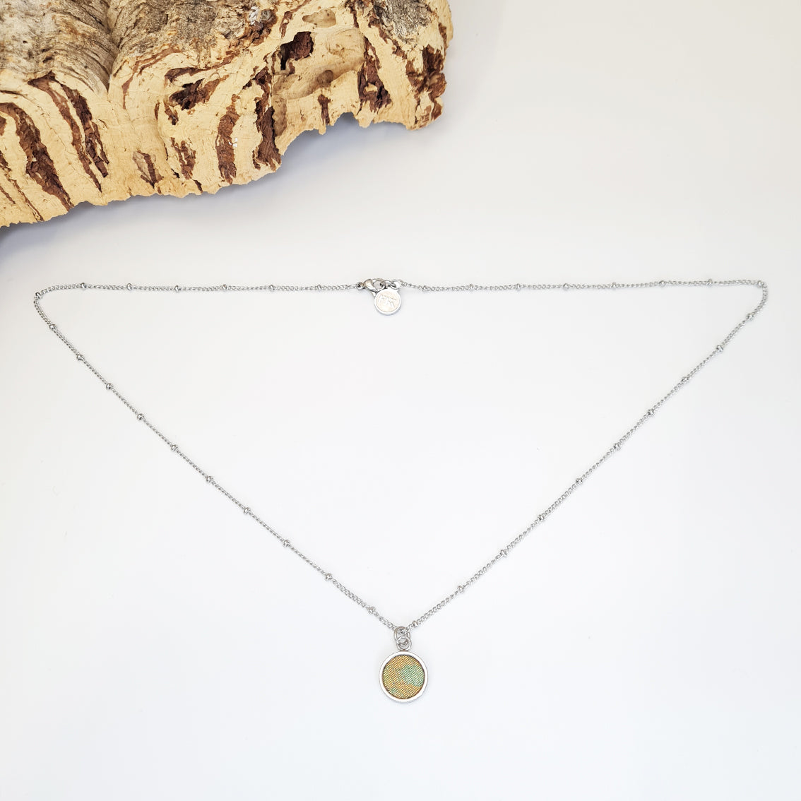 stainless steel dotted chain necklace with eco vegan cork charm in iridescent green  