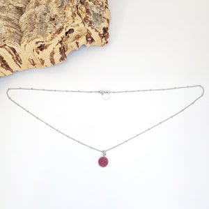dotted stainless steel chain stacking necklace with eco vegan cork charm burgundy
